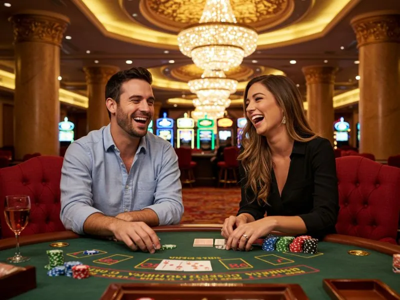 Happy couple enjoying casino games together on plus777 platform.