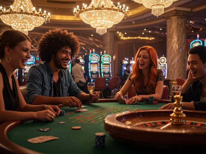 Happy group of friends celebrating their big win at plus777 online casino.