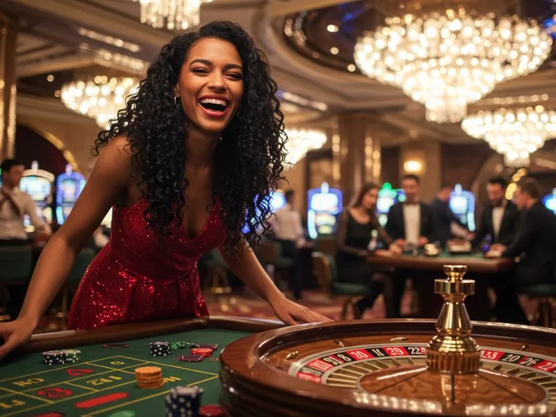 Cheerful woman playing roulette wheel in a lively casino linked to pnxbet.com nba excitement
