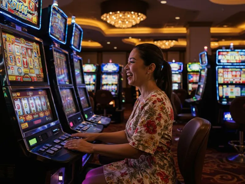 Excited woman playing slot machines while enjoying pnxbet.com NBA online betting
