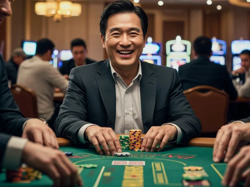 Smiling man holding casino chips while enjoying a game on pnxbet.com nba
