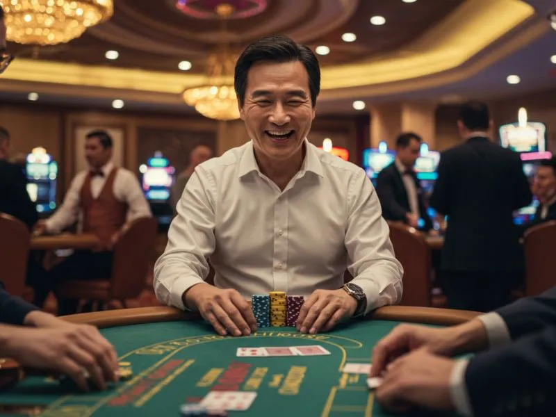 Smiling man celebrating poker wins while enjoying pnxbet.com nba gaming excitement