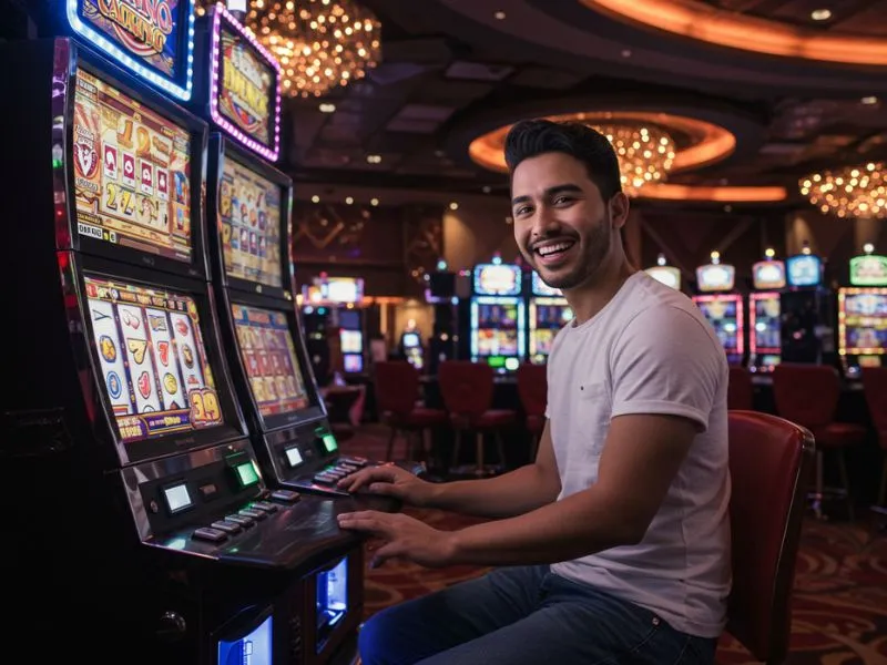 Cheerful man playing a slot machine after completing royal 888 casino register online process