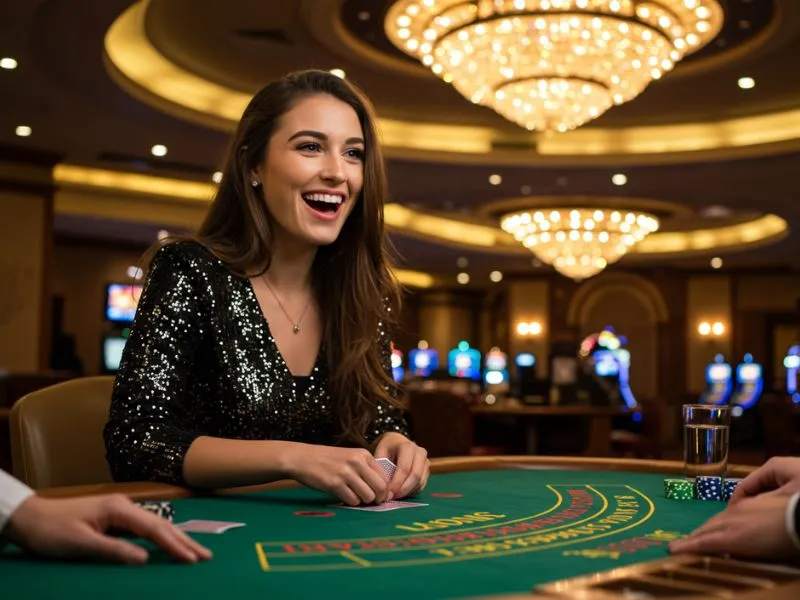 Cheerful woman playing poker after completing royal 888 casino register online