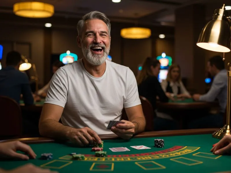 Happy old man playing poker after completing royal 888 casino register online process