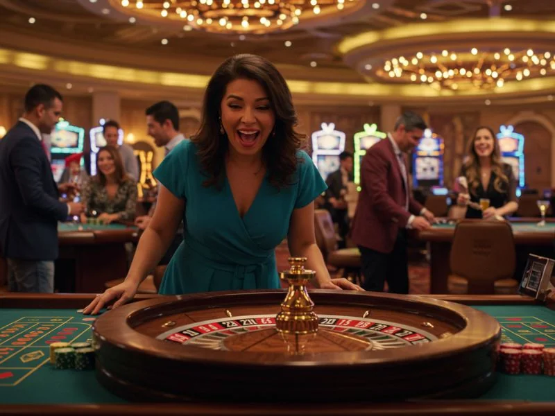 Happy woman enjoys playing roulette after accessing her s888 live login account safely.