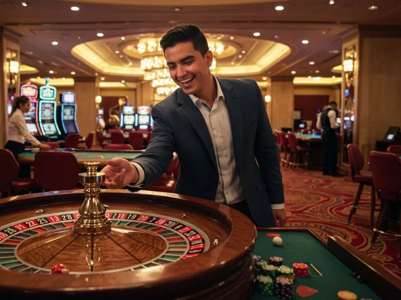 Cheerful man playing roulette wheel at a lively spin pba ph casino setting