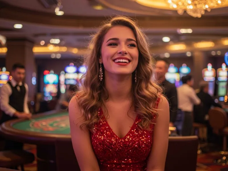 Elegant woman smiling in a casino while enjoying the excitement of spin pba ph