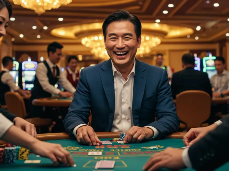 Happy man playing poker with excitement in a spin pba ph casino setting