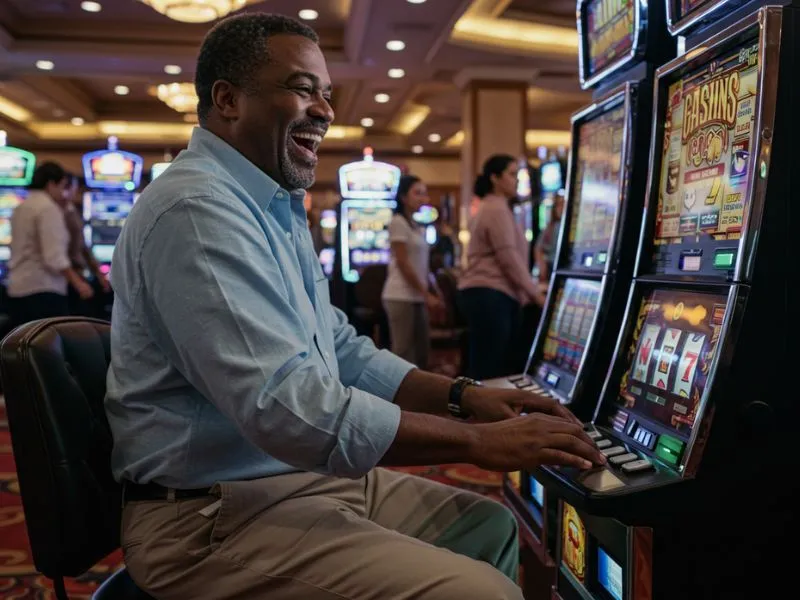 Happy man pressing a slot machine button in a spin pba ph casino setting