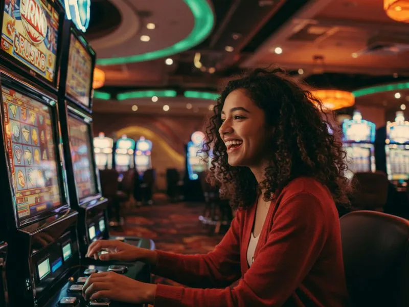 Young lady happily playing slot machines at Spintime Casino