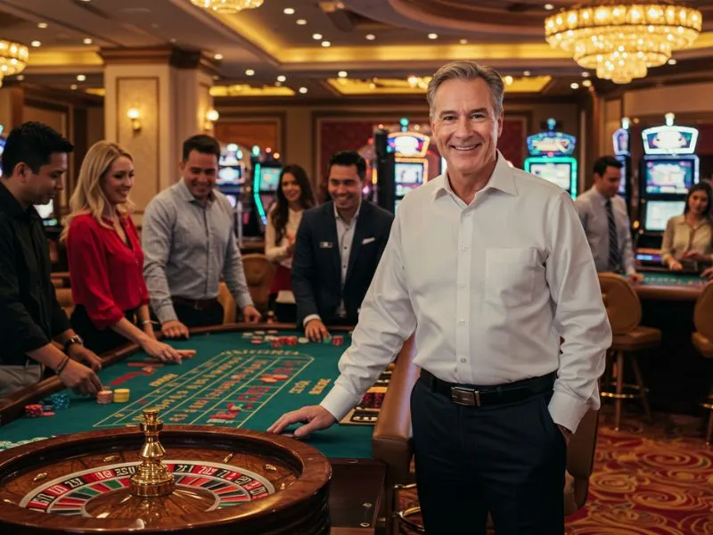Old man happily enjoying roulette with friends at sugal777 casino