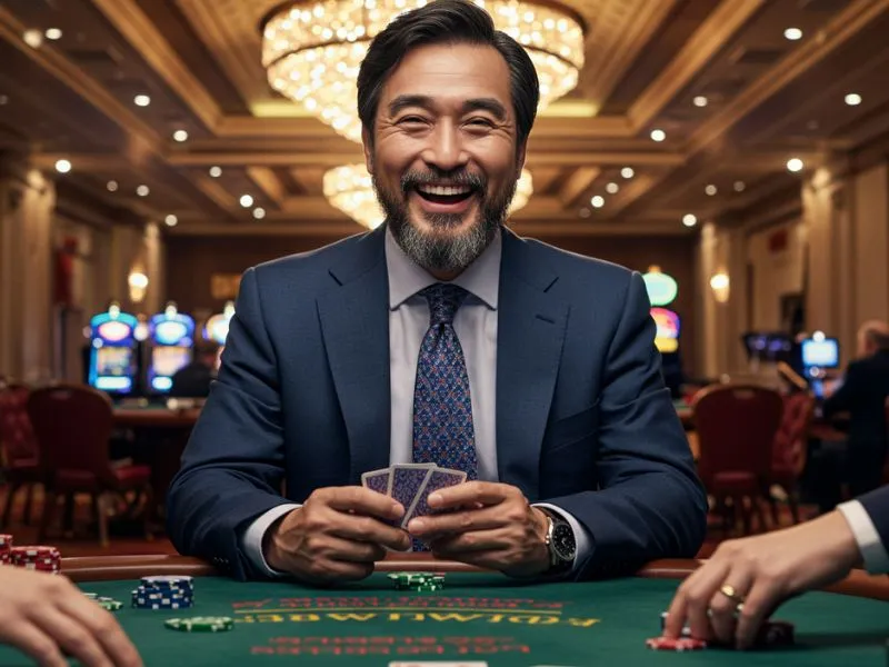 Smiling man enjoying a poker game at sugal777 online casino
