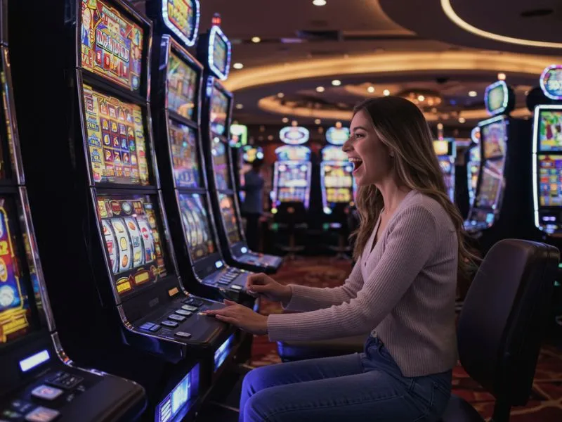 Smiling woman enjoying slot machines at sugal777 online casino