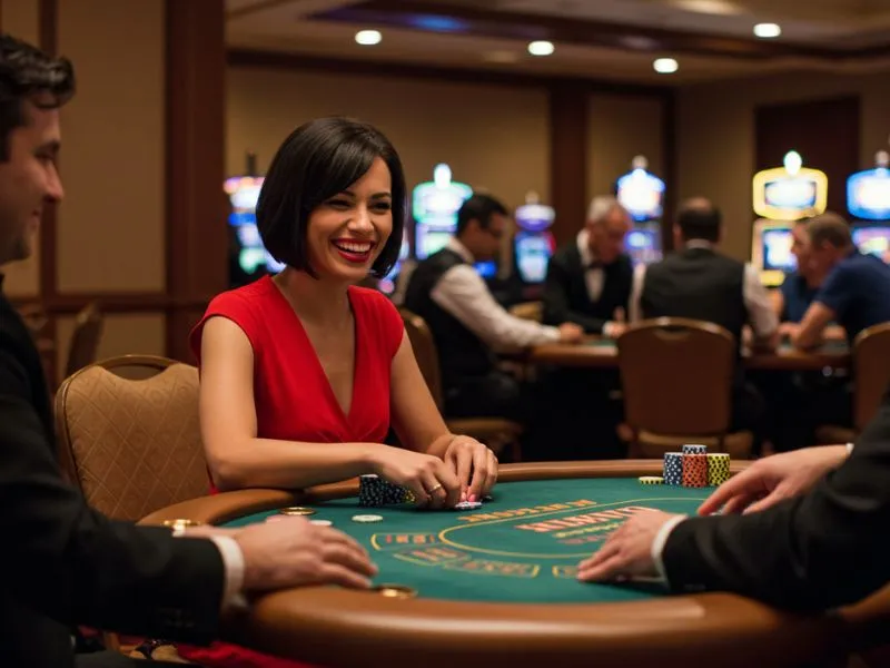 Smiling woman with friends happily playing poker at sugal777