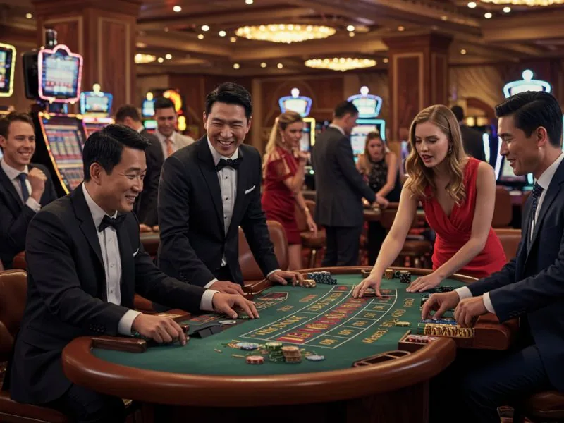 Group of happy business friends enjoying casino games while learning the truth about online casinos.