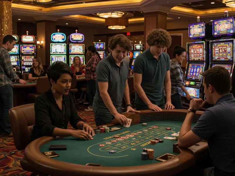 Happy friends playing cards and chips together, illustrating the truth about online casinos and the fun side of online gaming.