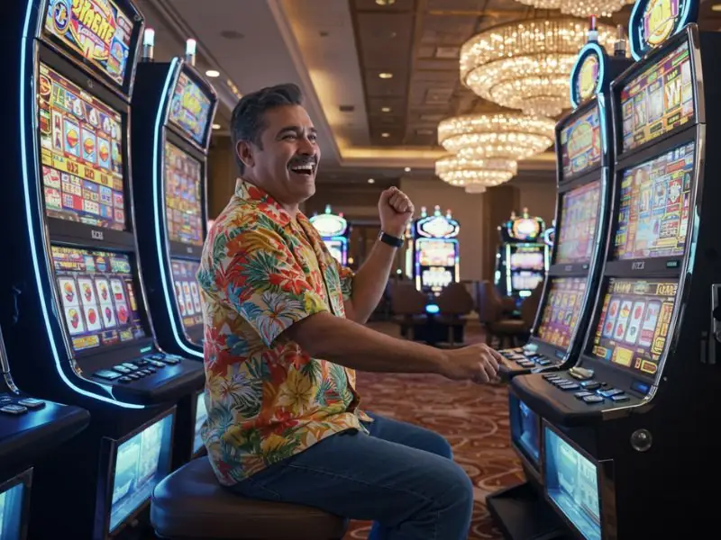 A happy man enjoying slot games while discovering the truth about online casinos.
