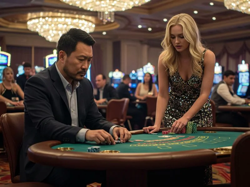 A man and woman seriously betting at a table, showing the truth about online casinos and how players aim to win.