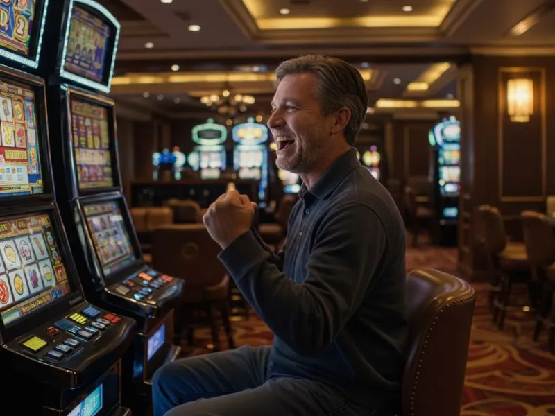 Cheerful old man enjoying slot machines in a win philippines casino atmosphere