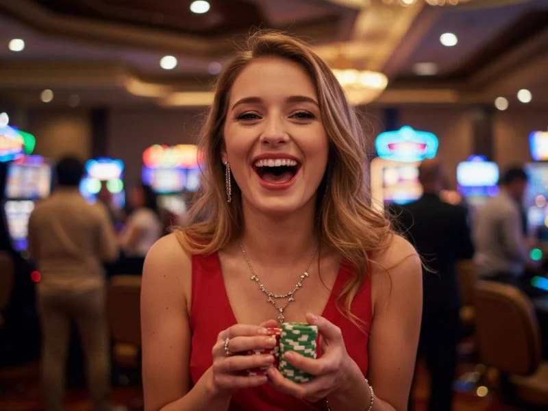 Excited woman holding casino chips celebrating a big win Philippines moment
