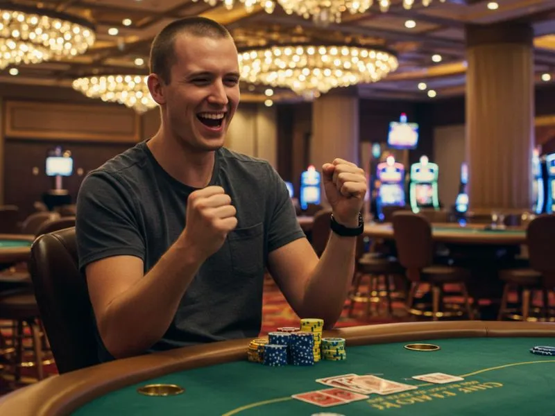 Smiling man enjoying table games at a lively casino, highlighting win Philippines experience