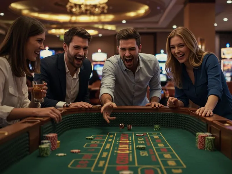 Smiling group enjoying baccarat at a lively casino table in Win Philippines