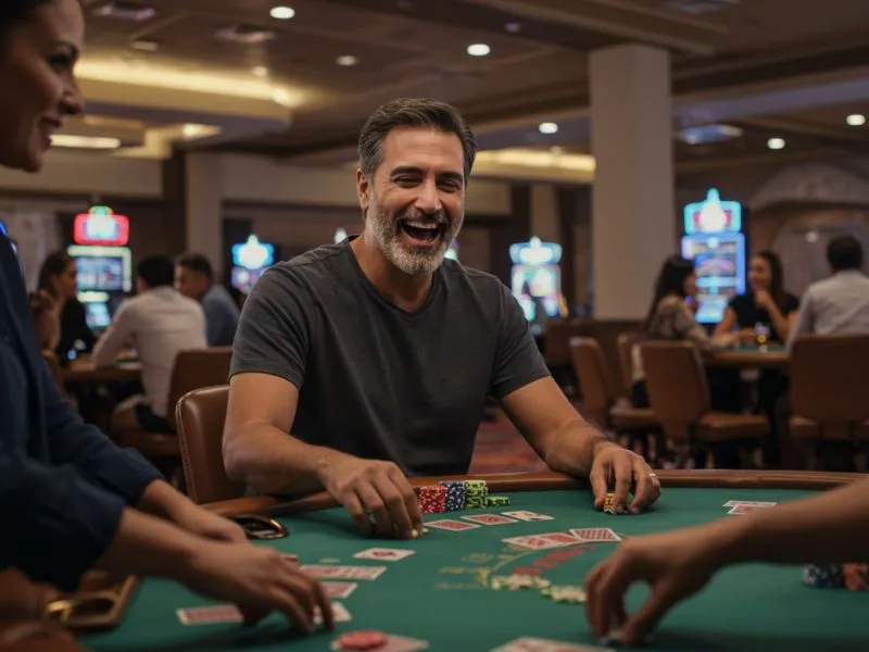 Friends laughing while playing casino games, symbolizing the fun of online gaming and the value of 1549 USD to PHP in casino play.