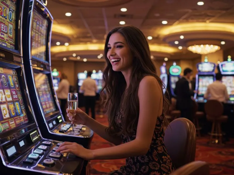 A happy woman celebrating a big slot machine win, symbolizing the excitement of converting 1549 USD to PHP winnings in an online casino.