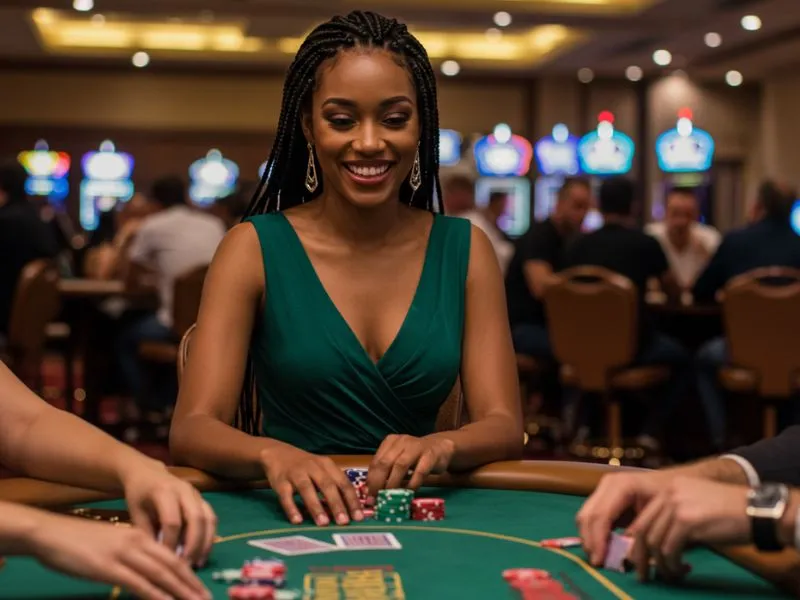 A cheerful lady enjoying a poker game in a vibrant casino, symbolizing the excitement of currency conversion from 1549 USD to PHP in online gaming.