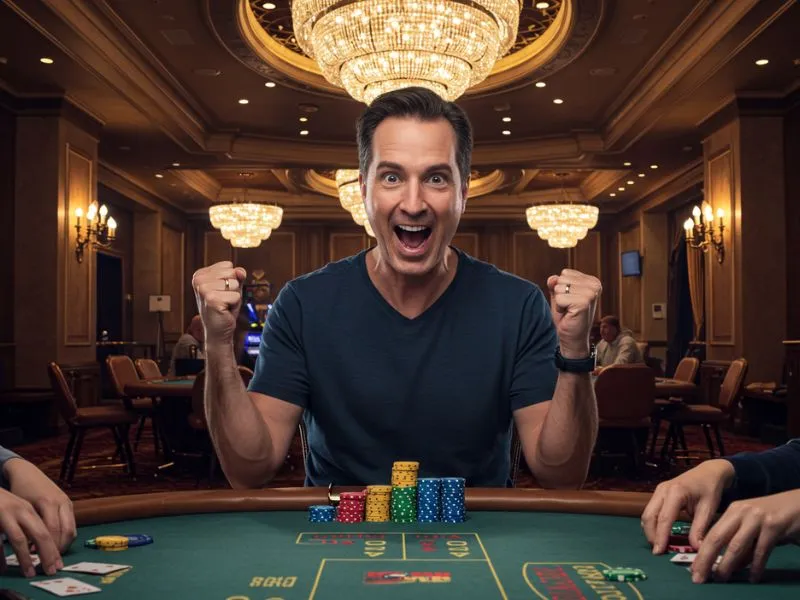 Excited man celebrating poker win at a casino table after converting 1549 USD to PHP winnings.