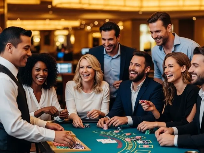 Friends enjoying a lively blackjack game at 63 Jili Casino with smiles and excitement around the table.
