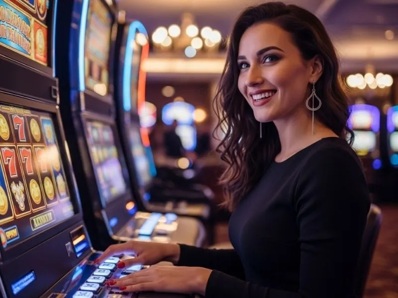 Lady smiling while playing slot machines at 63 Jili Casino.