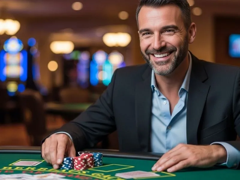 Man enjoying a baccarat game at 63 Jili Casino inside a luxury gaming lounge.