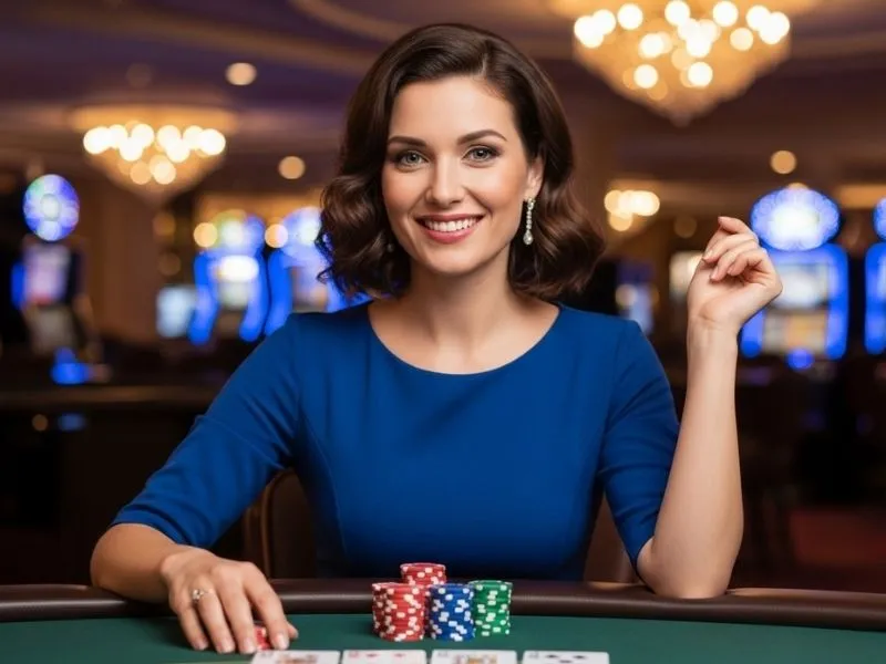 A happy woman celebrating her lucky baccarat win at 63 Jili Casino, surrounded by cards and chips in a vibrant gaming atmosphere.