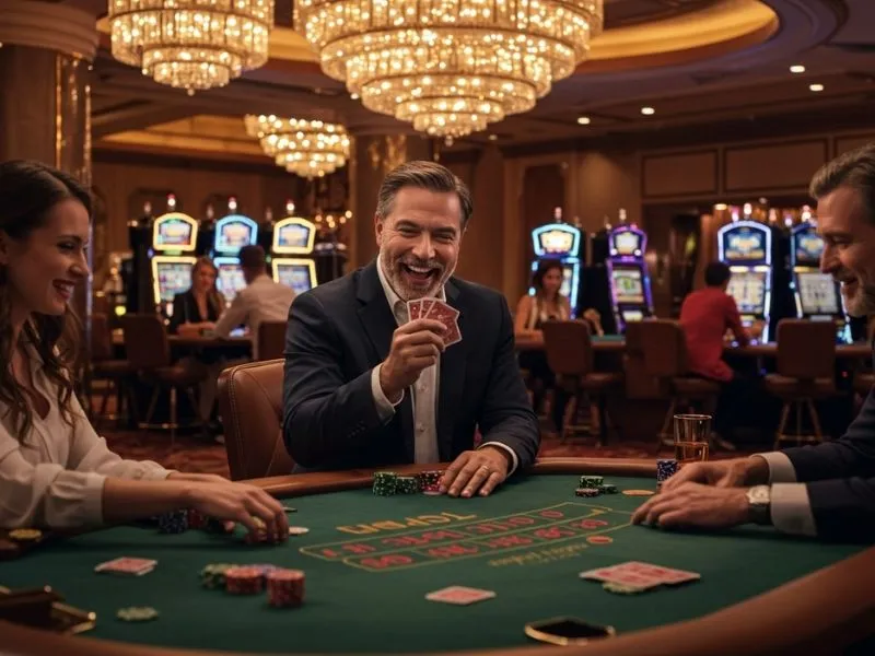 Friends laughing and enjoying a poker game together at 747 Online Casino.