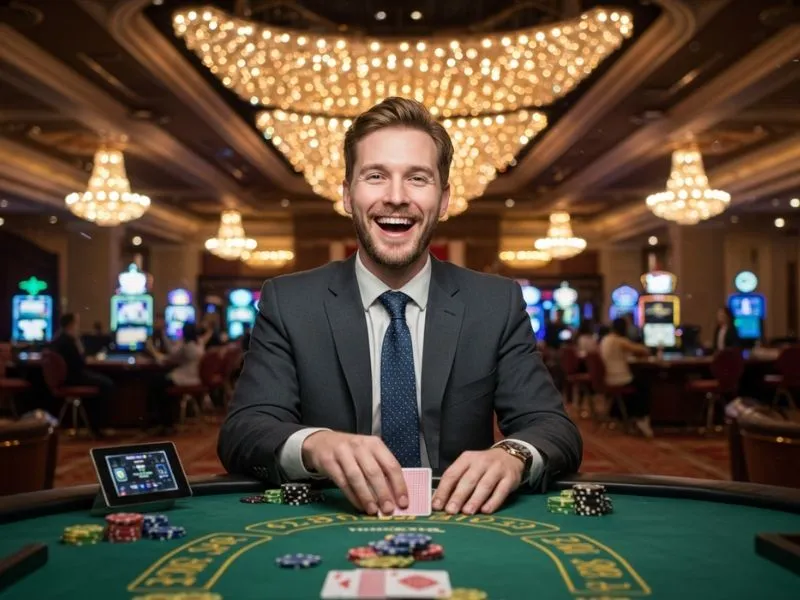 Man enjoying a poker game at 747 Online Casino, showcasing excitement and a lively gaming atmosphere.