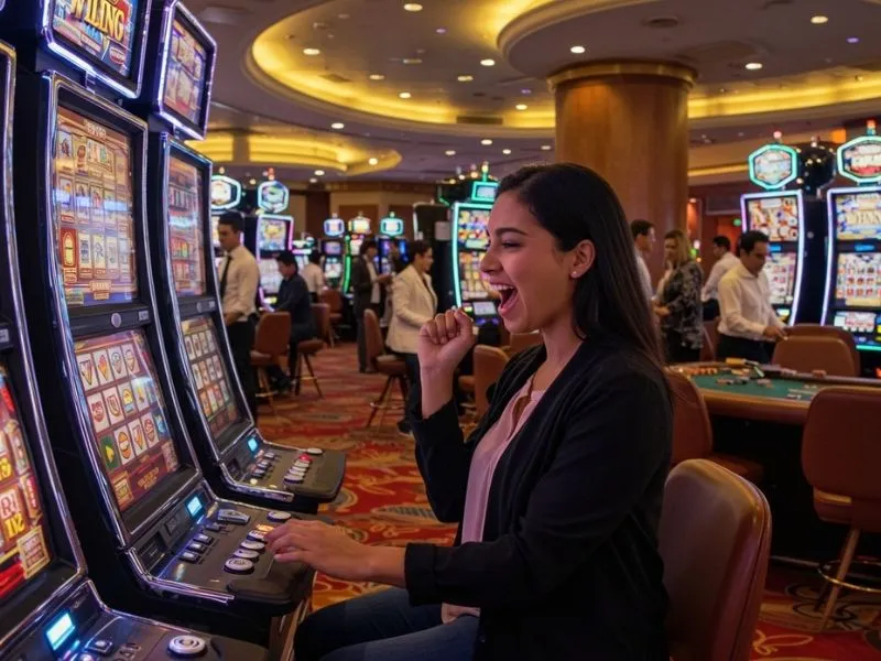 Woman celebrating a big slot machine win at 747 online casino