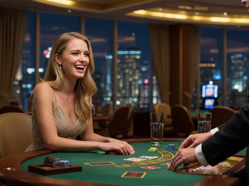 Woman happily playing baccarat at 747 online casino table, enjoying a winning moment in a lively casino atmosphere.