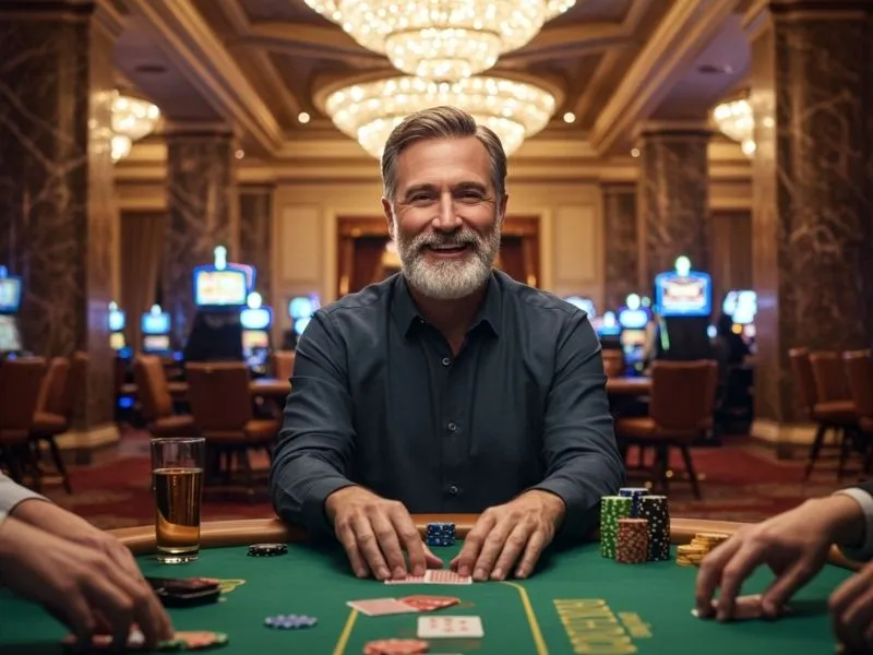 Happy elderly man smiling while holding poker chips at a casino table, enjoying a 777 pub lucky bonus.
