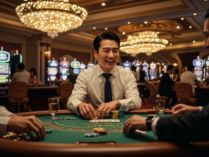 Happy group of friends playing poker at 777 Pub Lucky Bonus, enjoying games and celebrating wins together