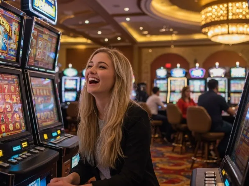 Young lady smiling happily after hitting a jackpot at 777 Pub Lucky Bonus slot machine.