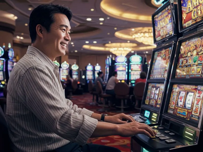 Happy man celebrating a big win on a slot machine after 999 Jili Casino login.