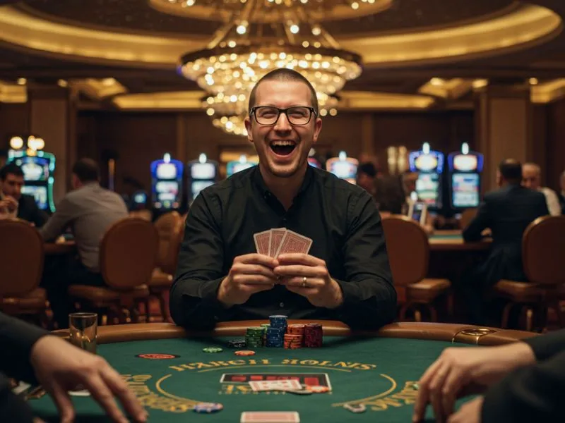 Two men holding cards and playing poker at a casino table, representing the excitement and gameplay experience after 999 Jili Casino Login.
