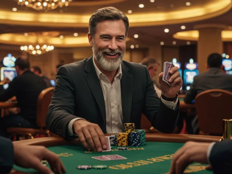 Man smiling while playing poker and holding chips after 9YC online casino login