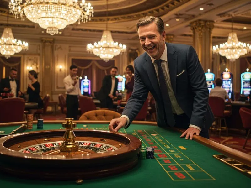 A happy man playing roulette after logging in through the 9yc online casino login page.