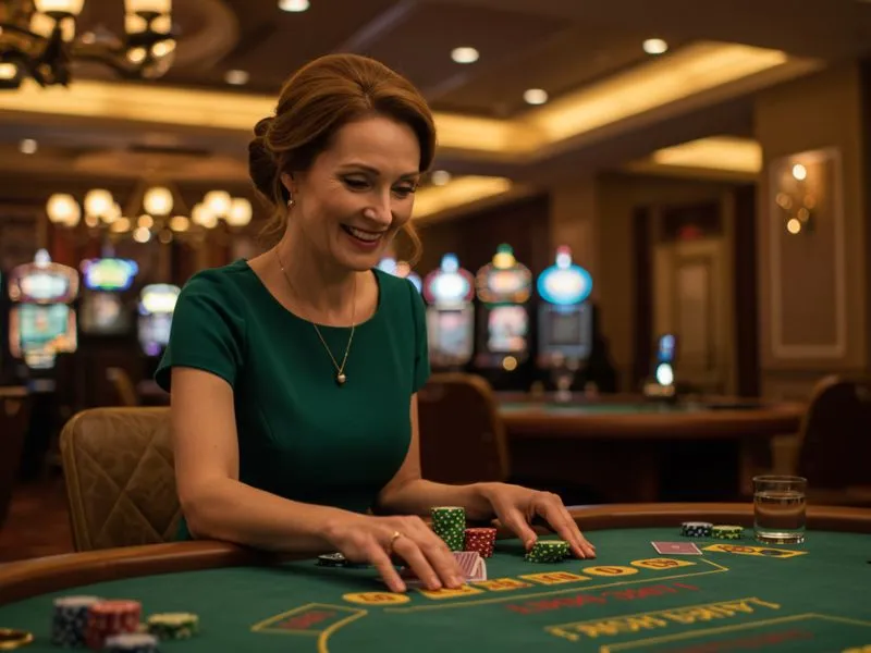 A woman smiling while playing a table game after successful 9YC online casino login.