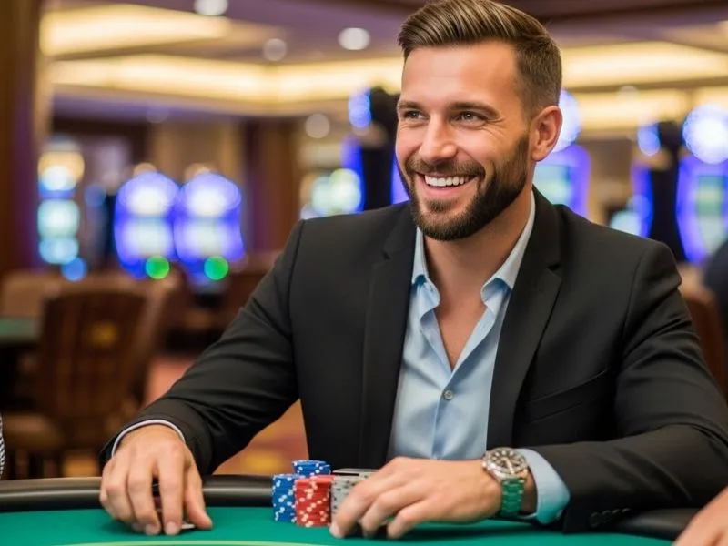 Man grinning after a big poker win at Ayalabet Casino login page.