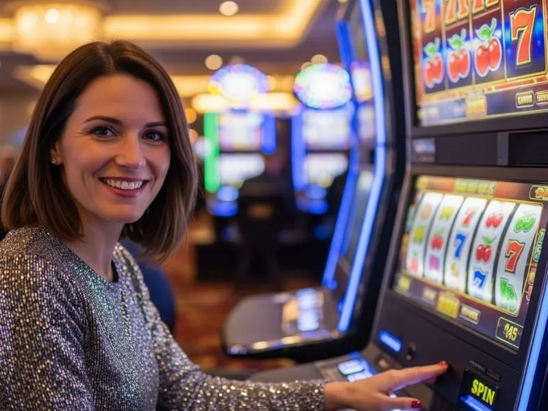 Woman celebrating a big slot machine win after successful Ayalabet Casino login.