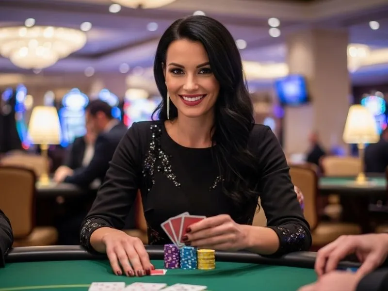 Woman holding poker cards while playing online after ayalabet casino login.